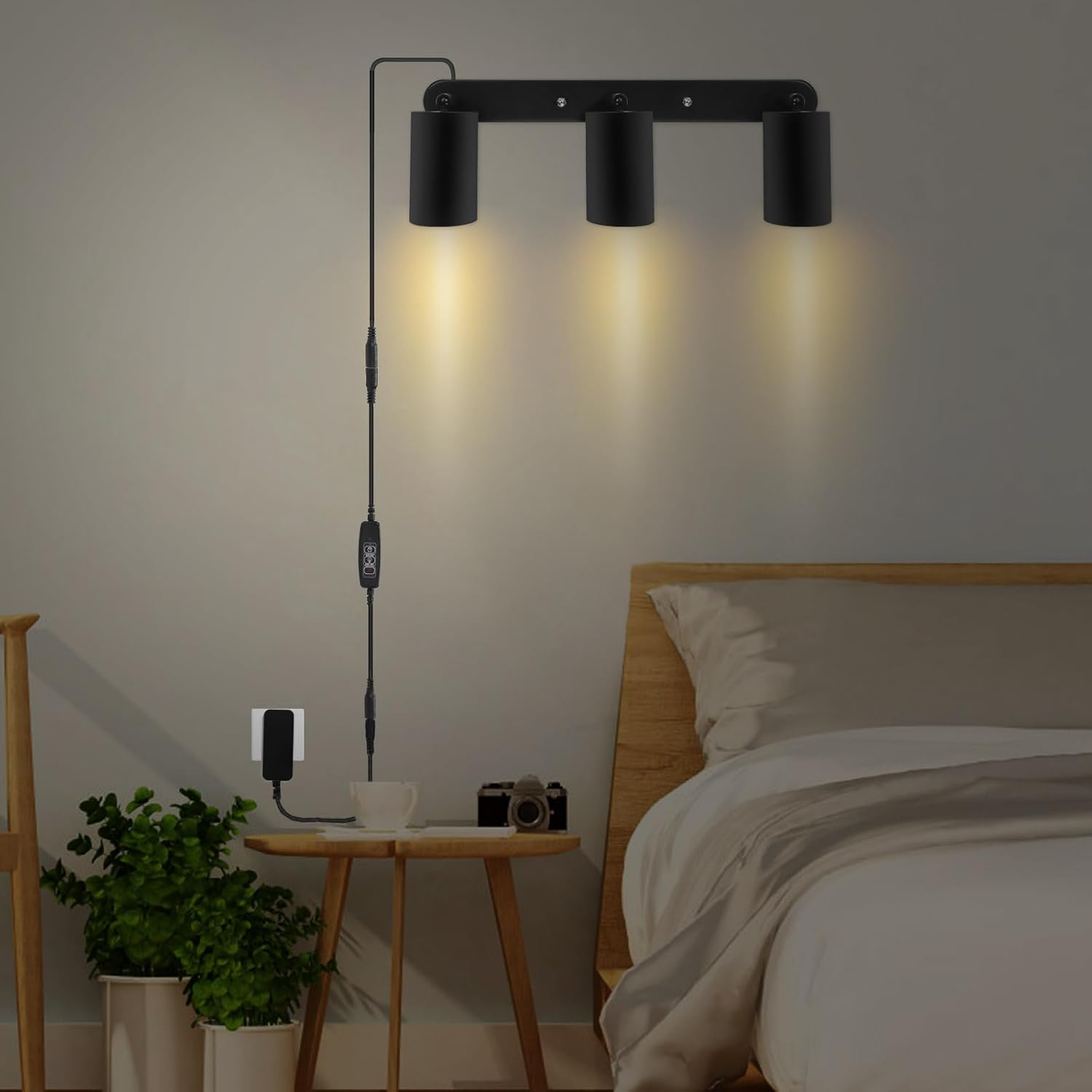 Plug in Track Lighting Track Light Fixtures with Power Cord Wall Spotlight Flexibly Rotatable Heads Plug in Ceiling Lights for Kitchen Cabinet Gallery Bar Living Room 15W 3000K(Black, 3 Heads)